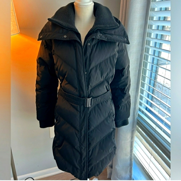 100% Down Puffer Longline Coat> black, high dual collar - Picture 2 of 13